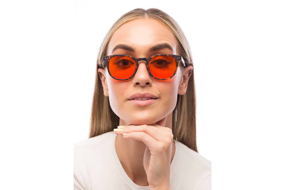 Woman Wearing Clarke Blue Light Blocking Glasses
