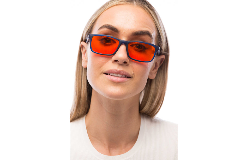 Woman Wearing Hudson Blue Light Blocking Glasses Readers