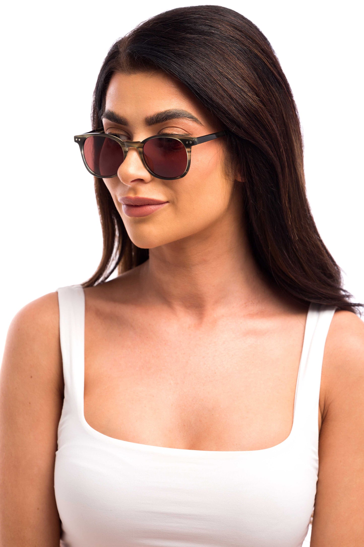 Woman Wearing Arrow Sunglasses Prescription (Brown)