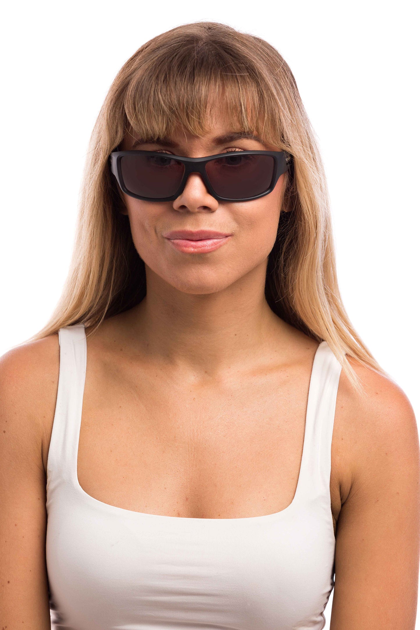 Woman Wearing Onyx Sunglasses Prescription (Brown)