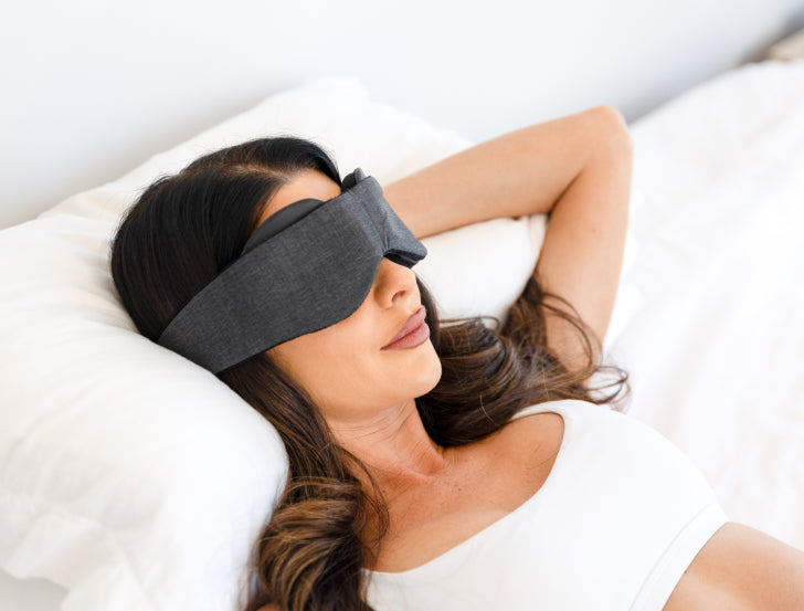 woman laying in bed while wearing a blackout sleep mask